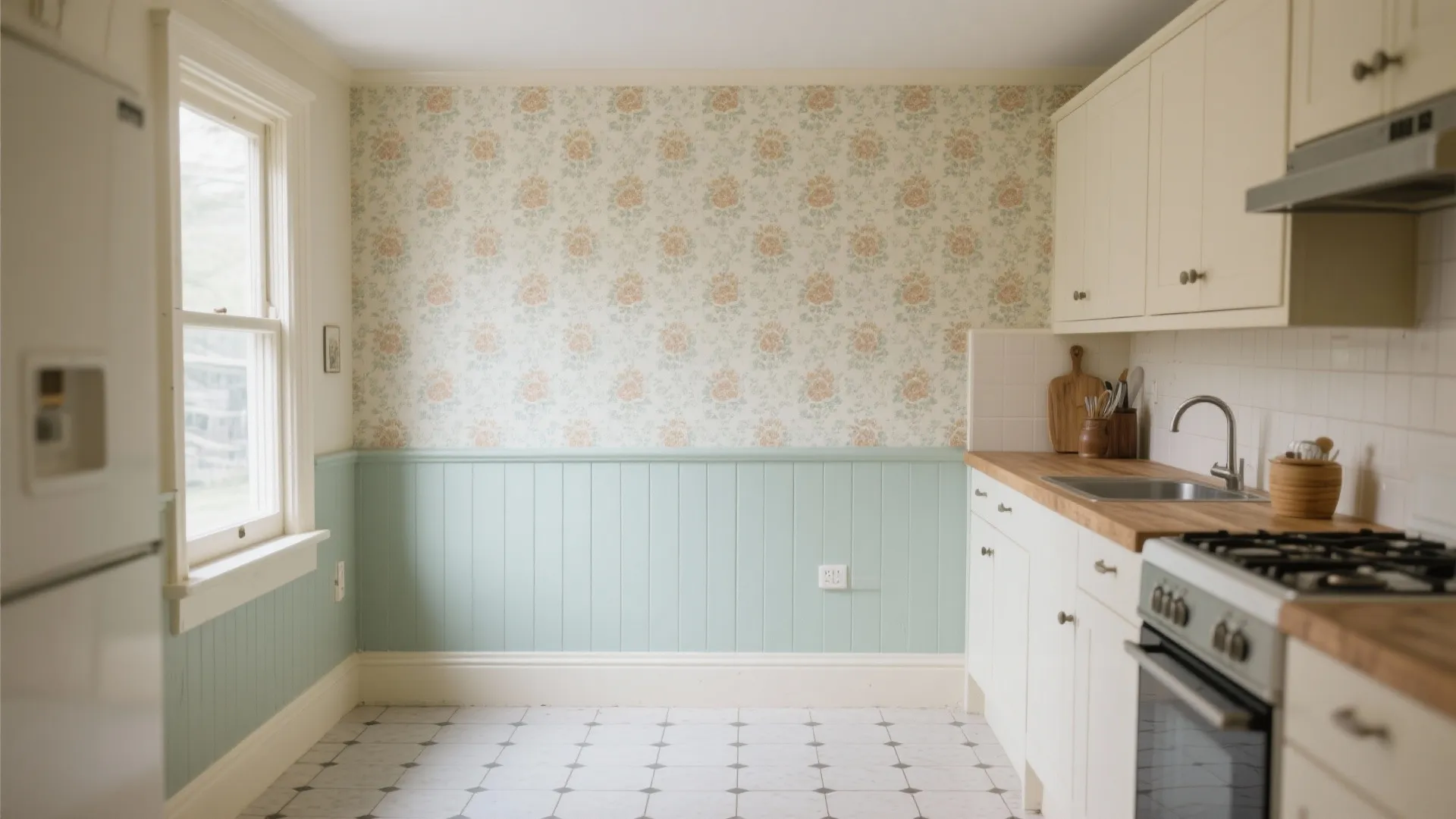 Compact kitchen with the lower half of walls painted for durability and patterned wallpaper above for charm.