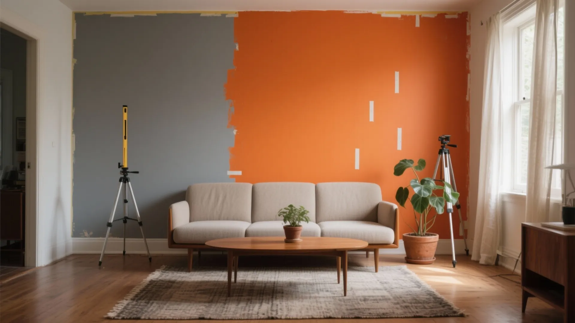 Living room wall in progress being painted half grey and half orange behind a beige sofa