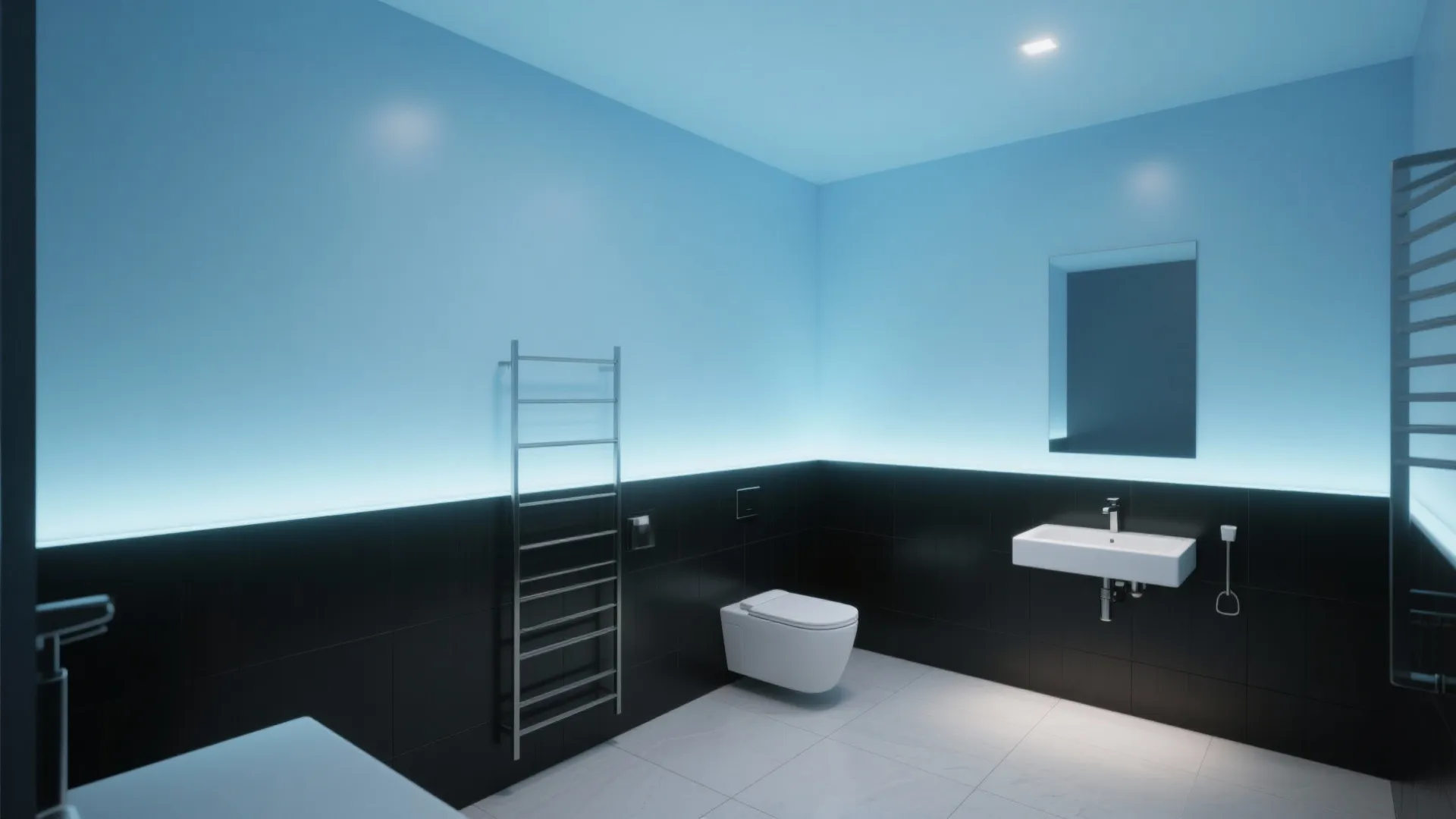 Modern bathroom with blue and black walls, white toilet, small sink, and grey floor tiles