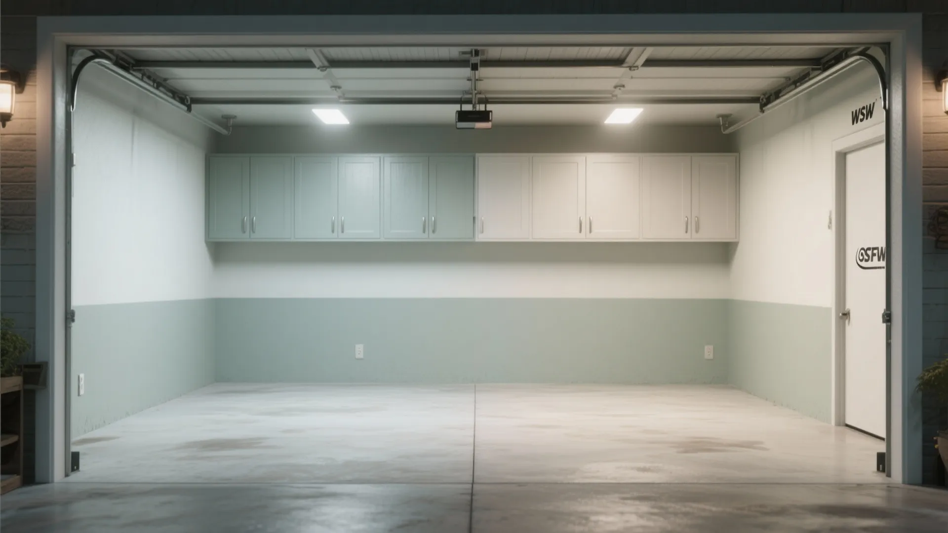 Clean organized garage featuring light green and white wall paint with matching storage wall cabinets