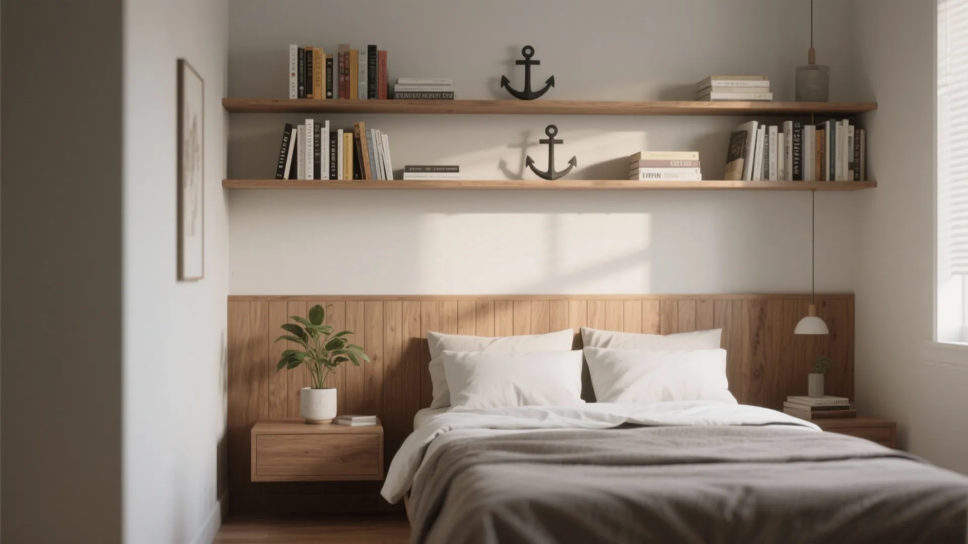 3. Half-height paneling with built-in shelves