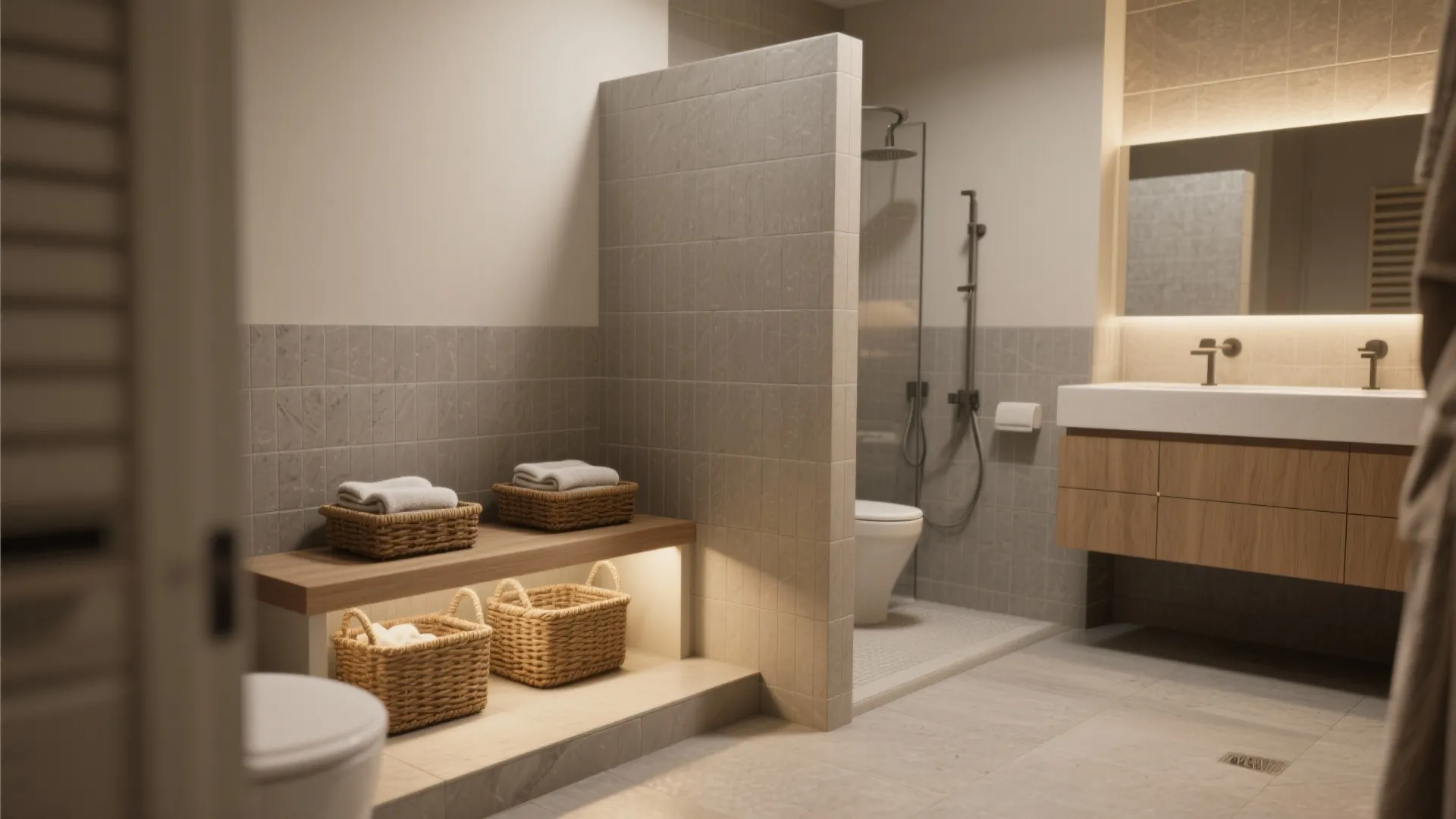 4. Wet room with half-height partition and built-in seating