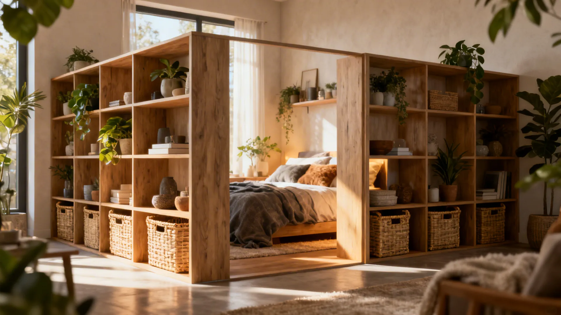 Wooden bookshelf room divider separating a cozy bedroom area from the living space with plants