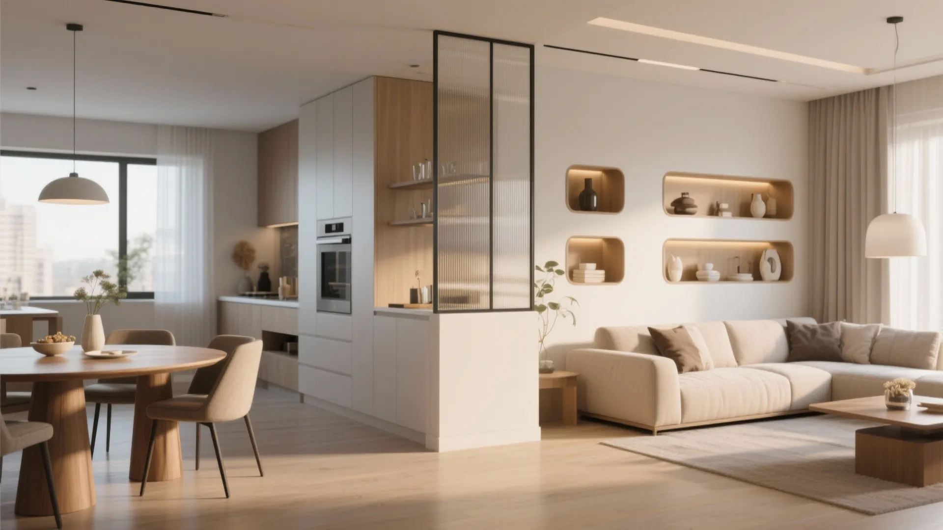 Modern open living area with a half glass wall partition between kitchen and sitting room