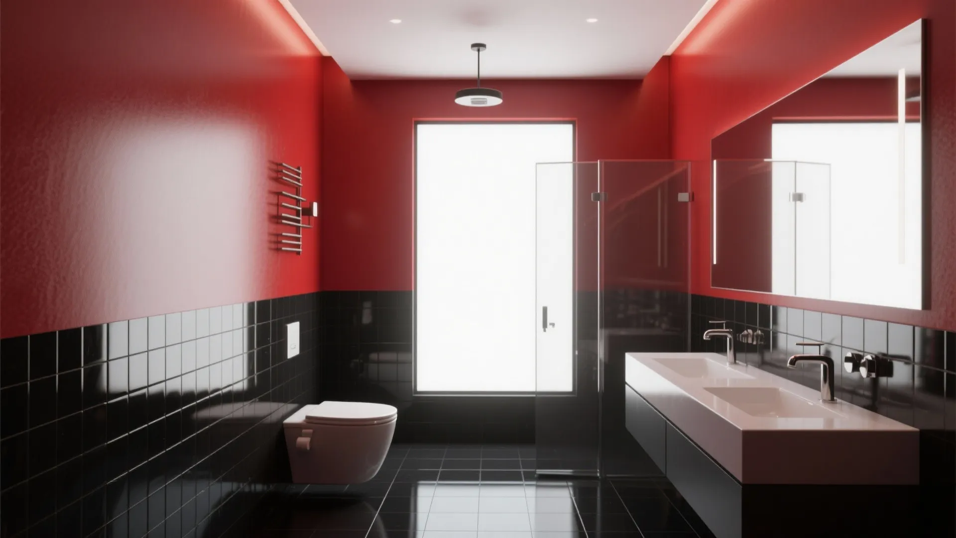 Modern bathroom design with red upper walls black lower tiles white toilet and long double sink