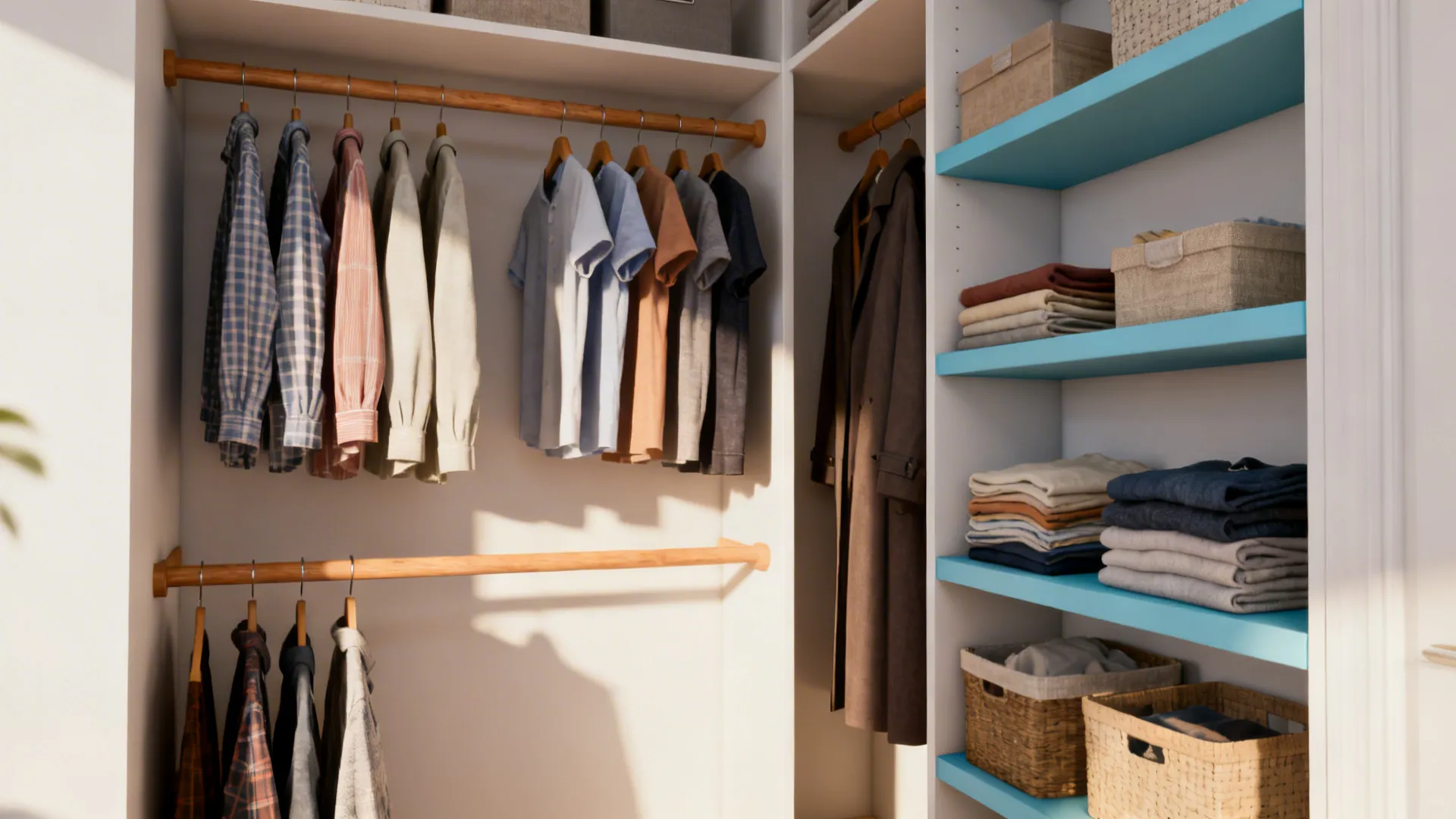 Modern closet with wooden rods for shirts and blue shelves for folded clothes and baskets