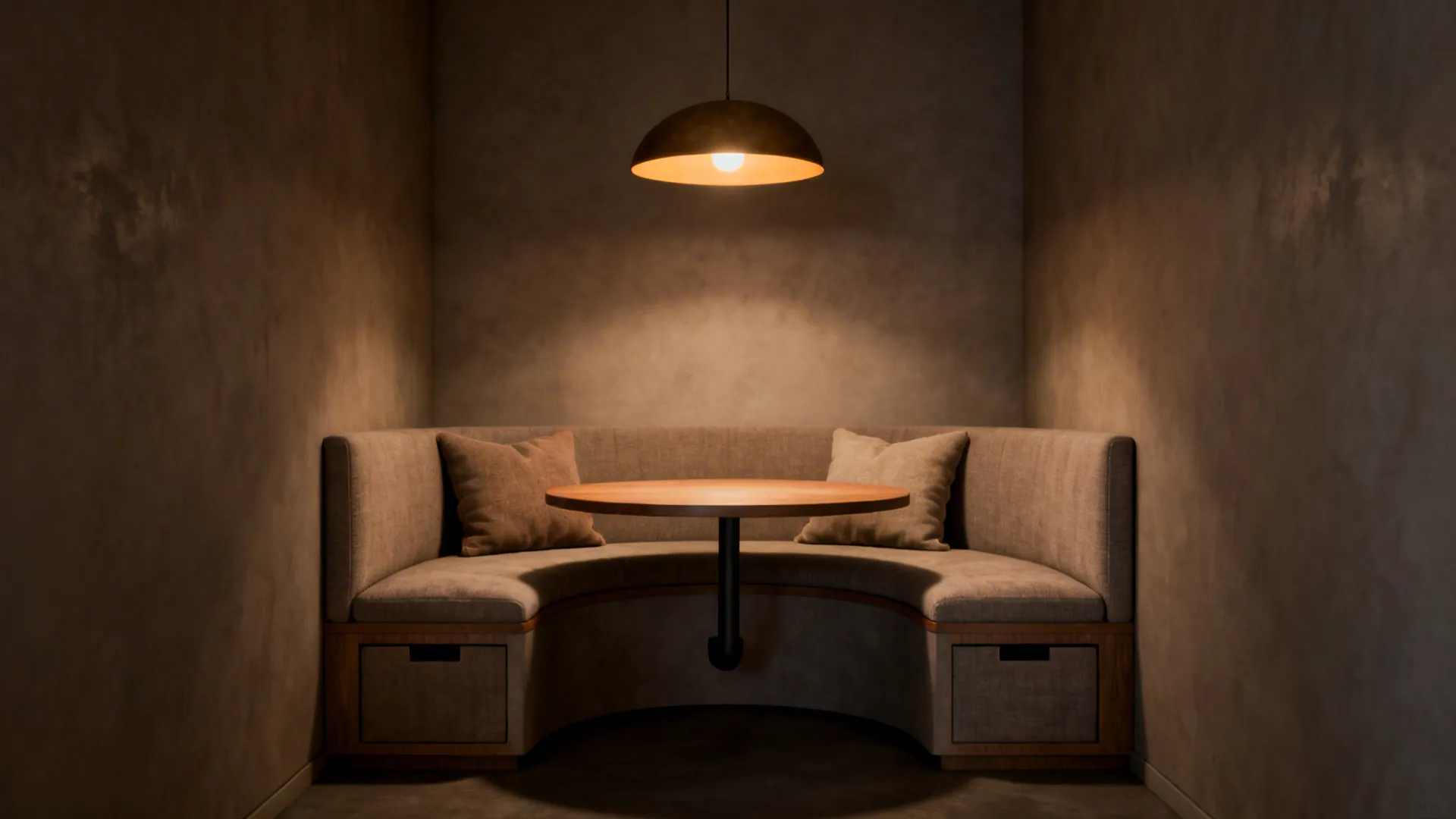 Cozy wall-mounted half-round table paired with a banquette bench featuring storage in a narrow alcove