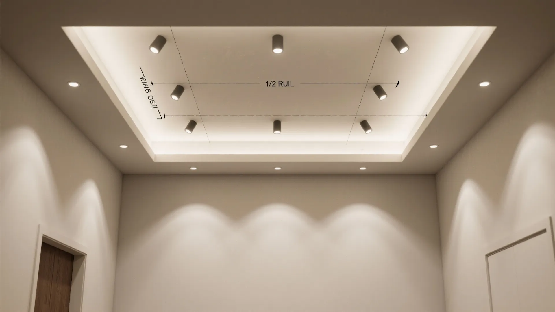 Interior design drawing showing a recessed ceiling with measurements and several small black light fixtures