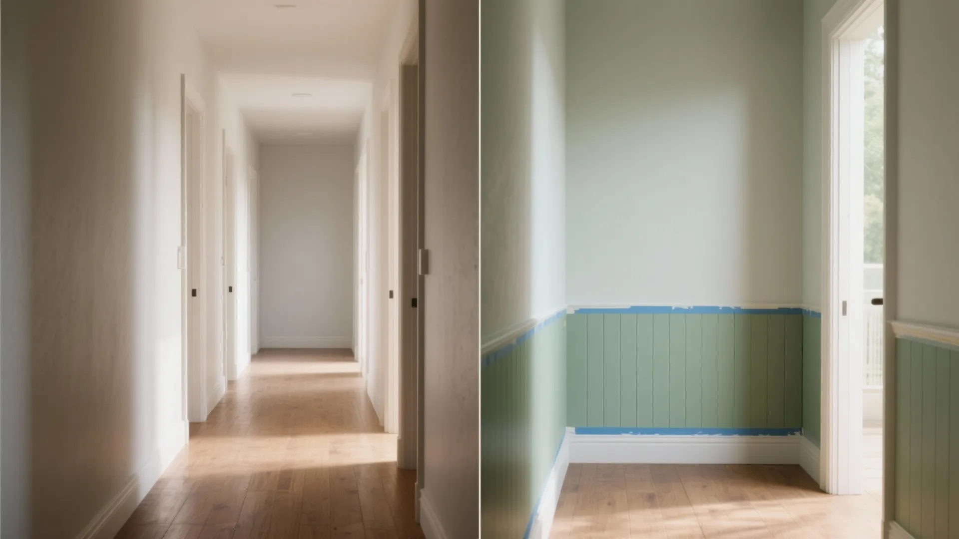 Before-and-after hallway view showing half-painted sage lower panels protecting walls and adding color while upper walls remain light.