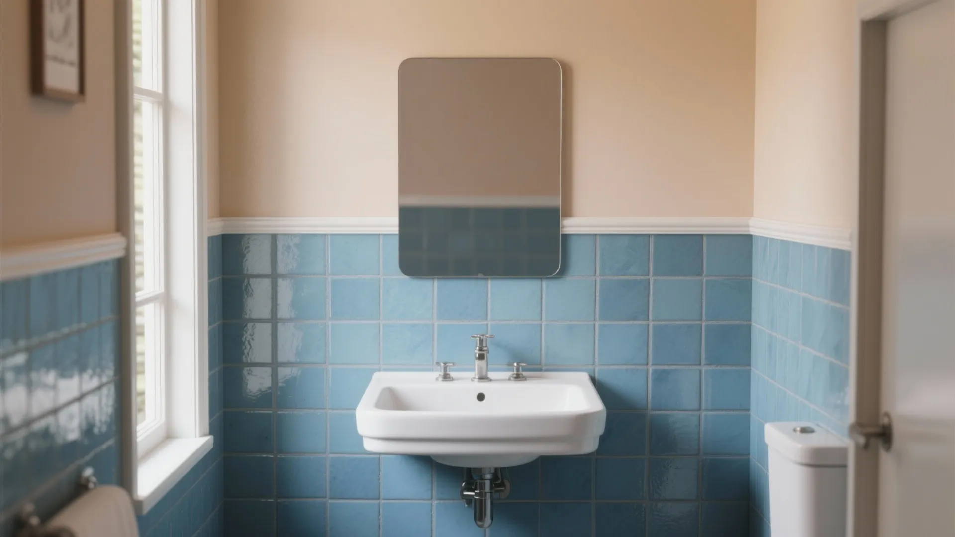 Bathroom wall half-covered in blue mosaic tile with the upper half painted a neutral tone