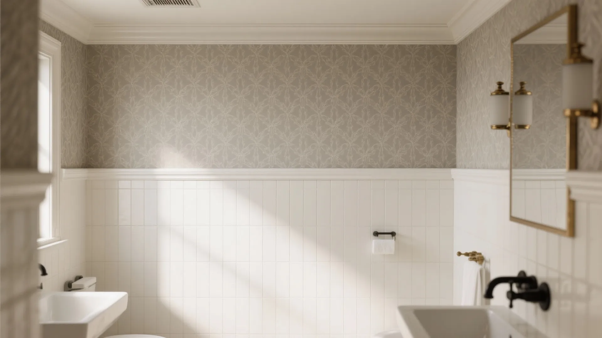 2) Half-Tiled Wainscot + Waterproof Wallpaper Above