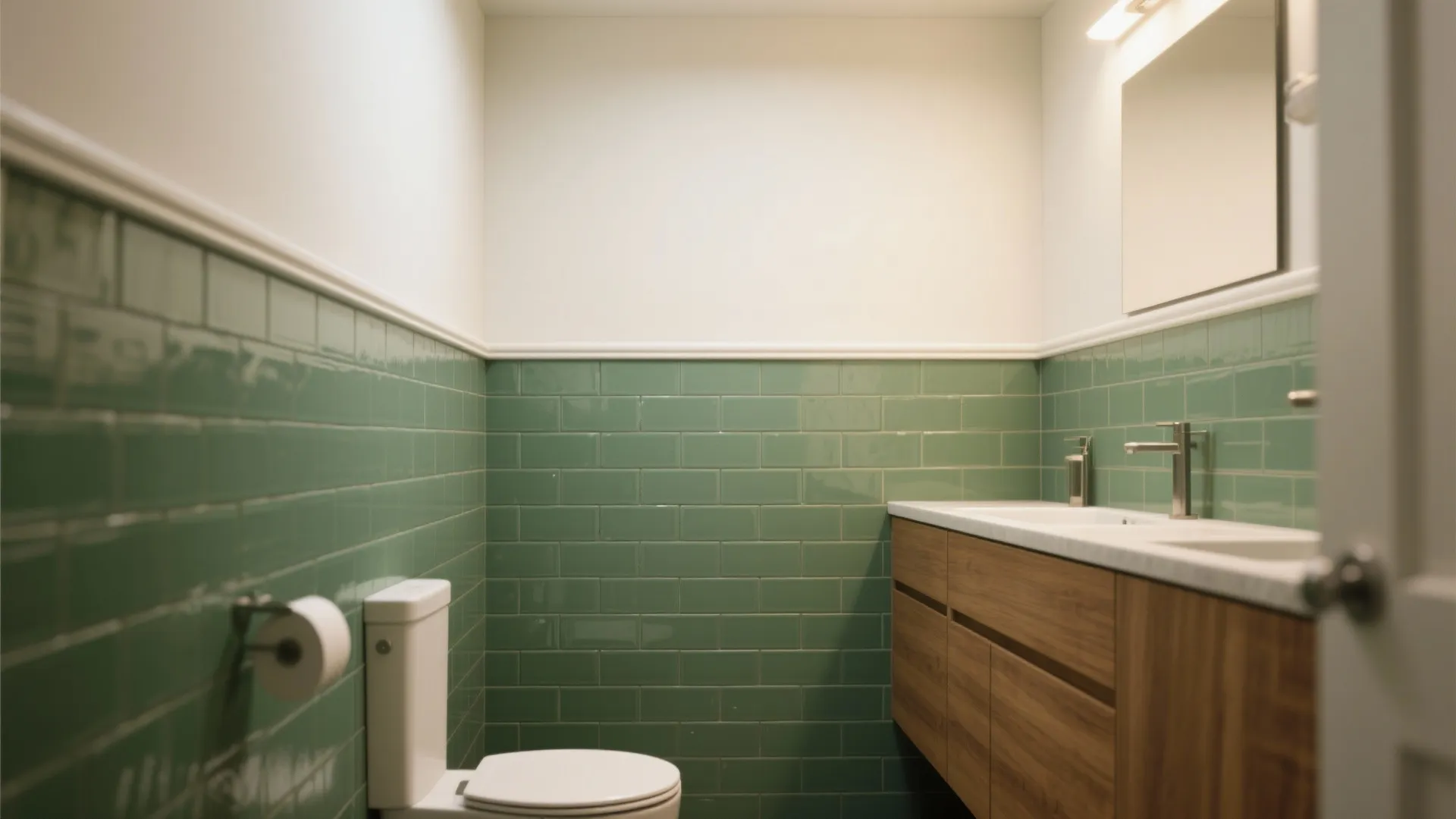 Bathroom with green subway tile wainscot and warm white paint above with neat bullnose trim