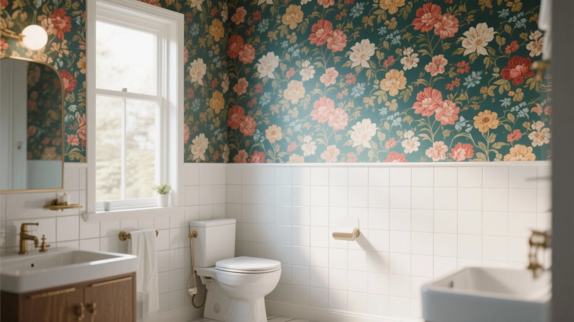 Bathroom interior featuring colorful floral wallpaper white square wall tiles white toilet and wooden cabinet