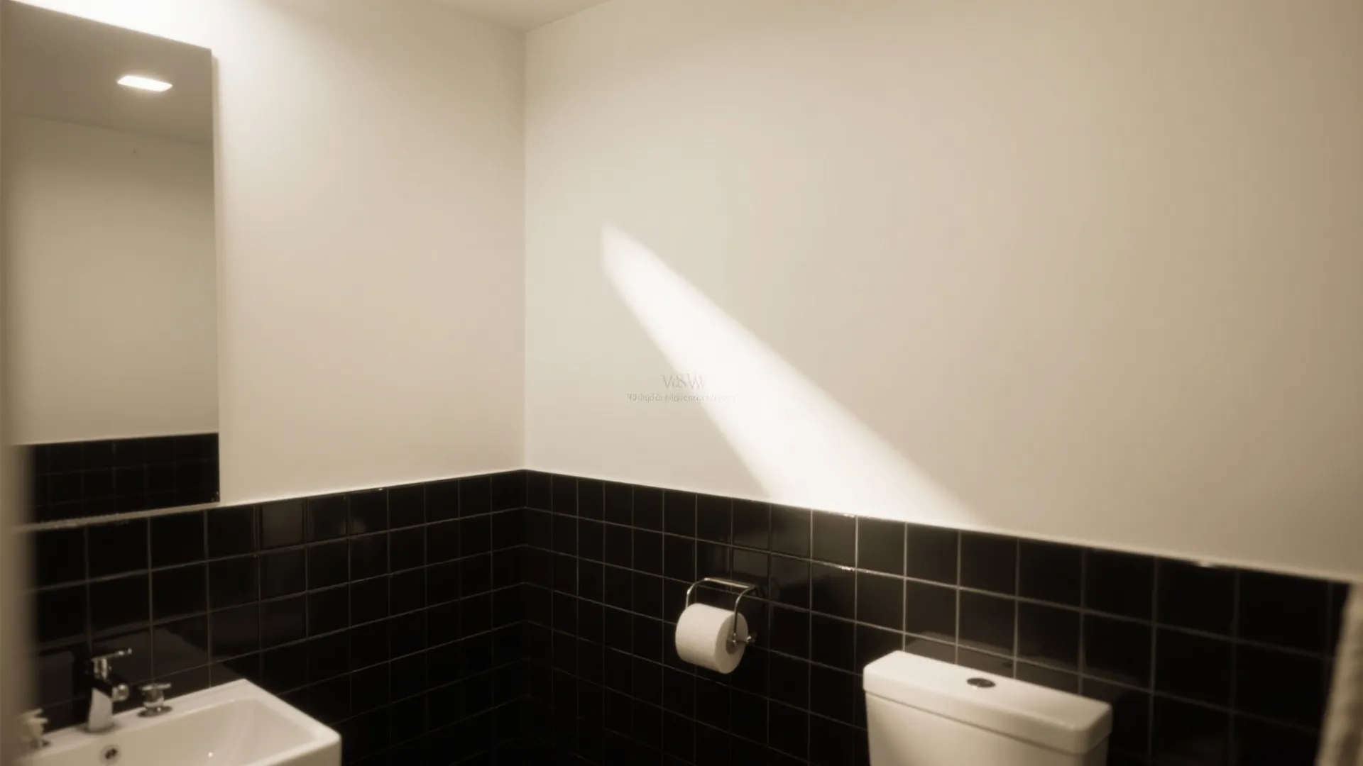 Bathroom corner with white walls and black square tiles featuring a sink and white toilet