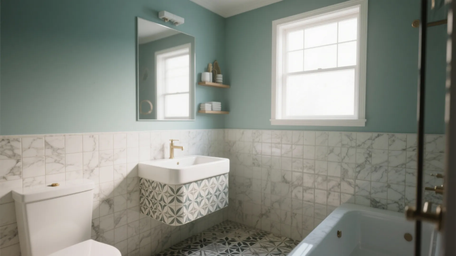 Modern bathroom with blue walls white marble wall tiles sink with pattern toilet and bathtub