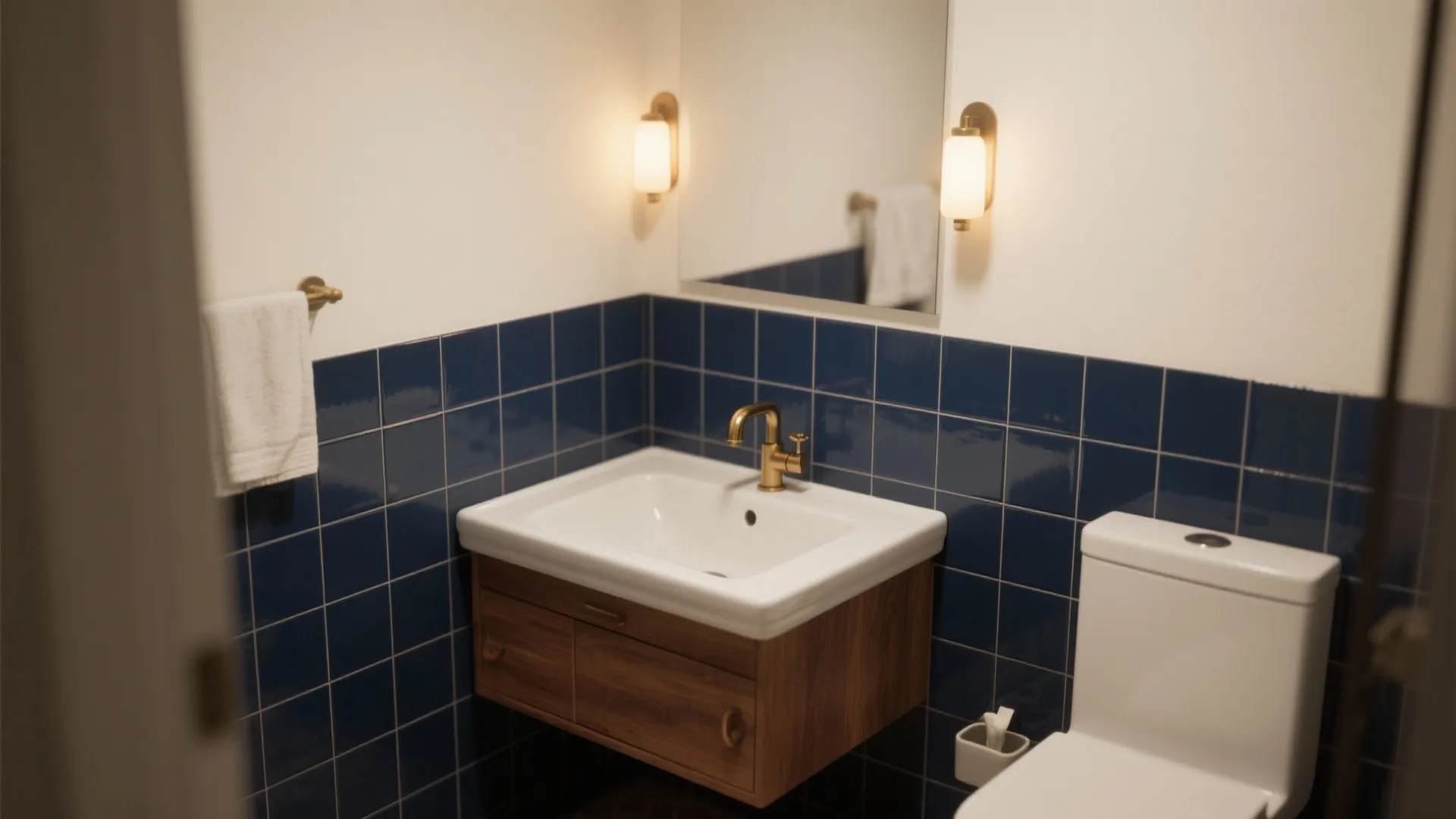 Half-tiled navy wall behind a vanity with warm white paint above and oak cabinetry.