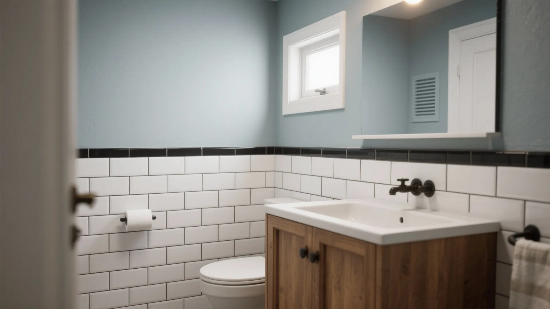 Small bathroom with subway tile on lower walls and painted soft gray-blue upper walls.