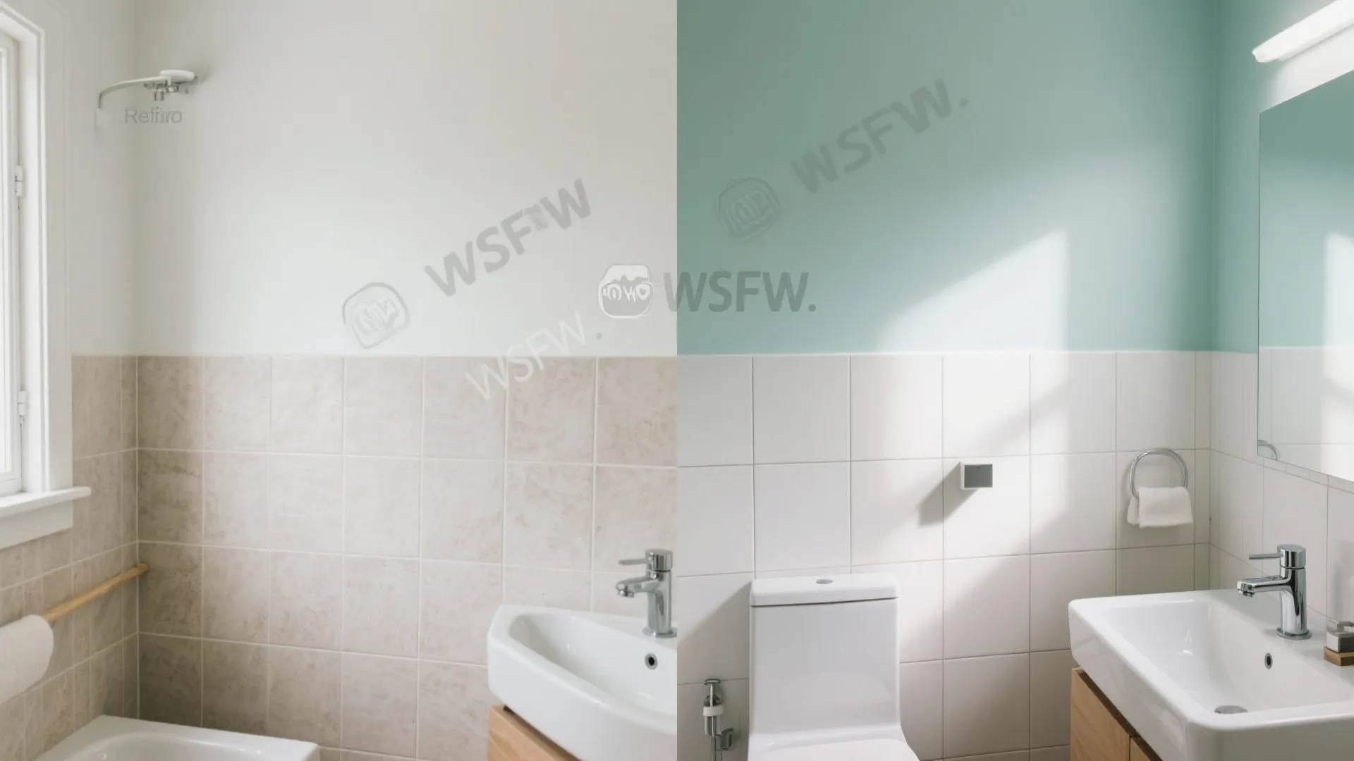 Before and after comparison of old bathroom tiles versus new white tiles and blue paint
