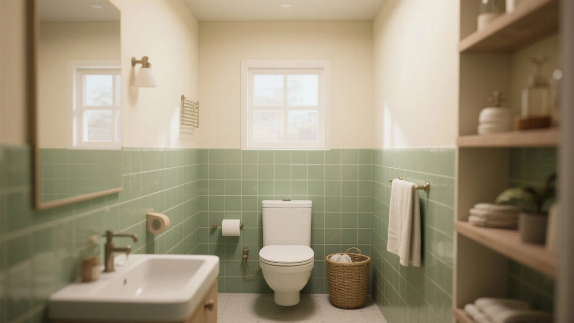 Modern bathroom with sage green wall tiles white toilet sink wooden shelves and a window