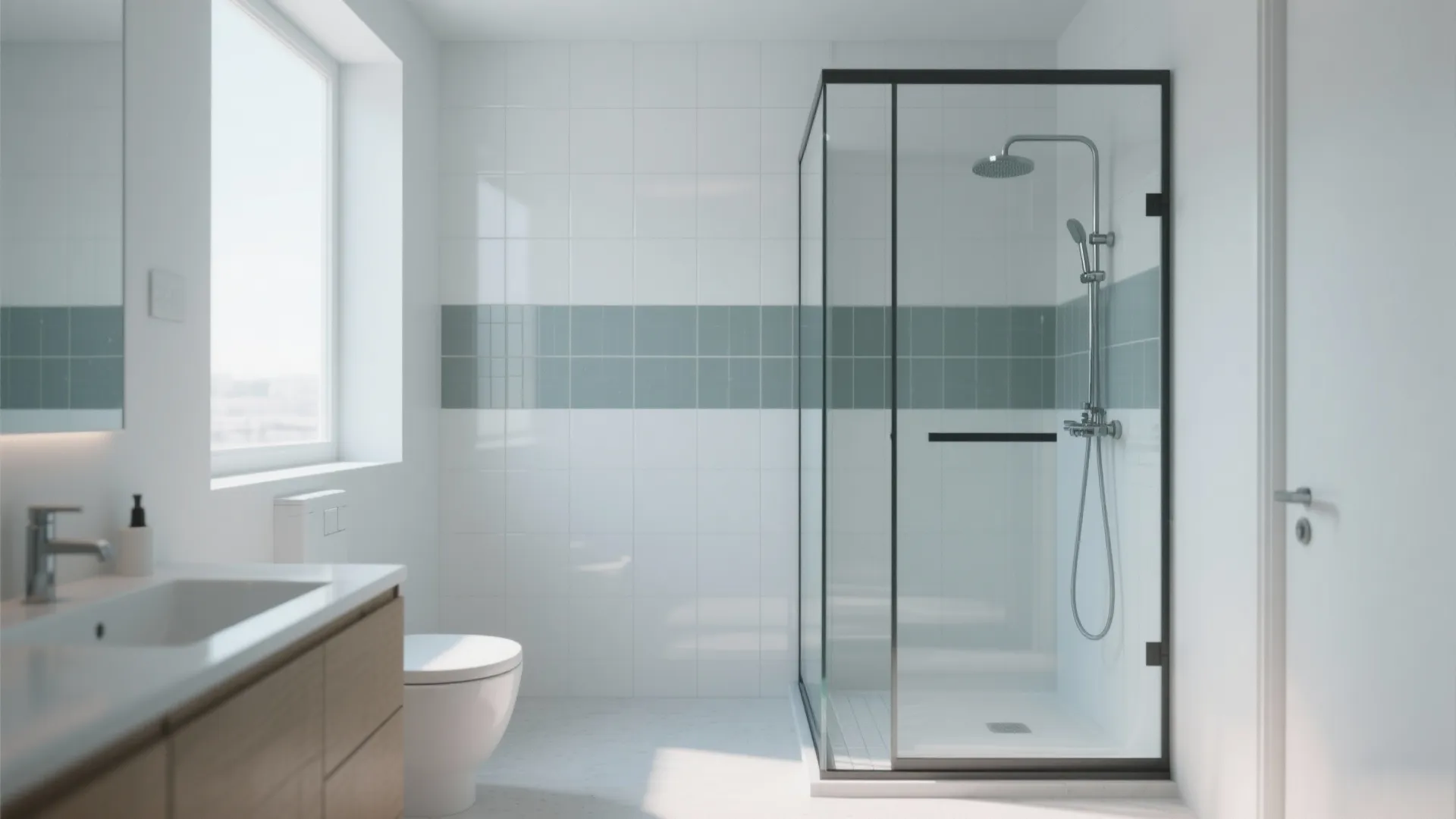 Bright bathroom with glass shower stall white wall tiles with green stripe and wood cabinet