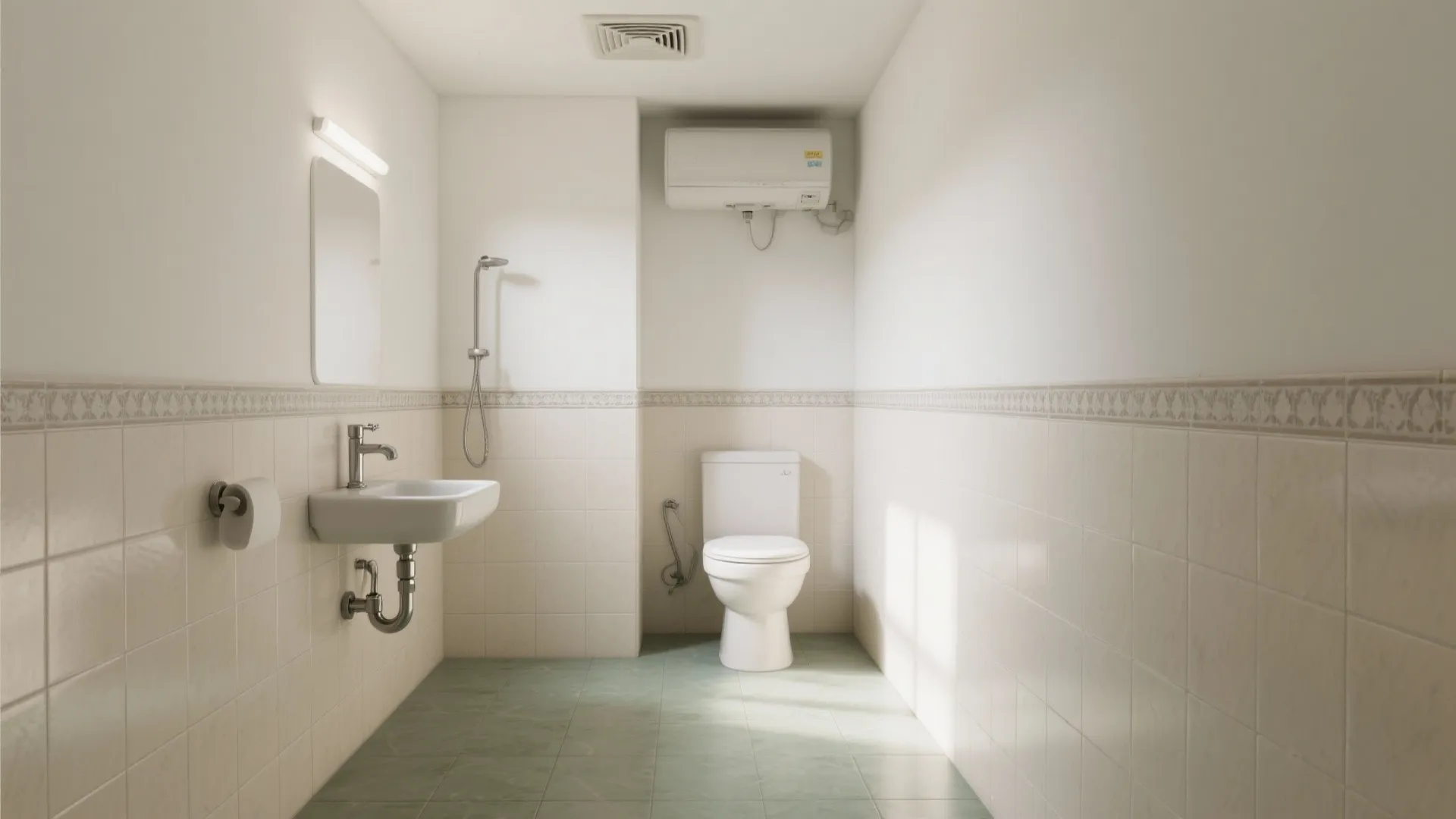 Half-height tiled bathroom with washable painted upper walls and a matte anti-skid floor.