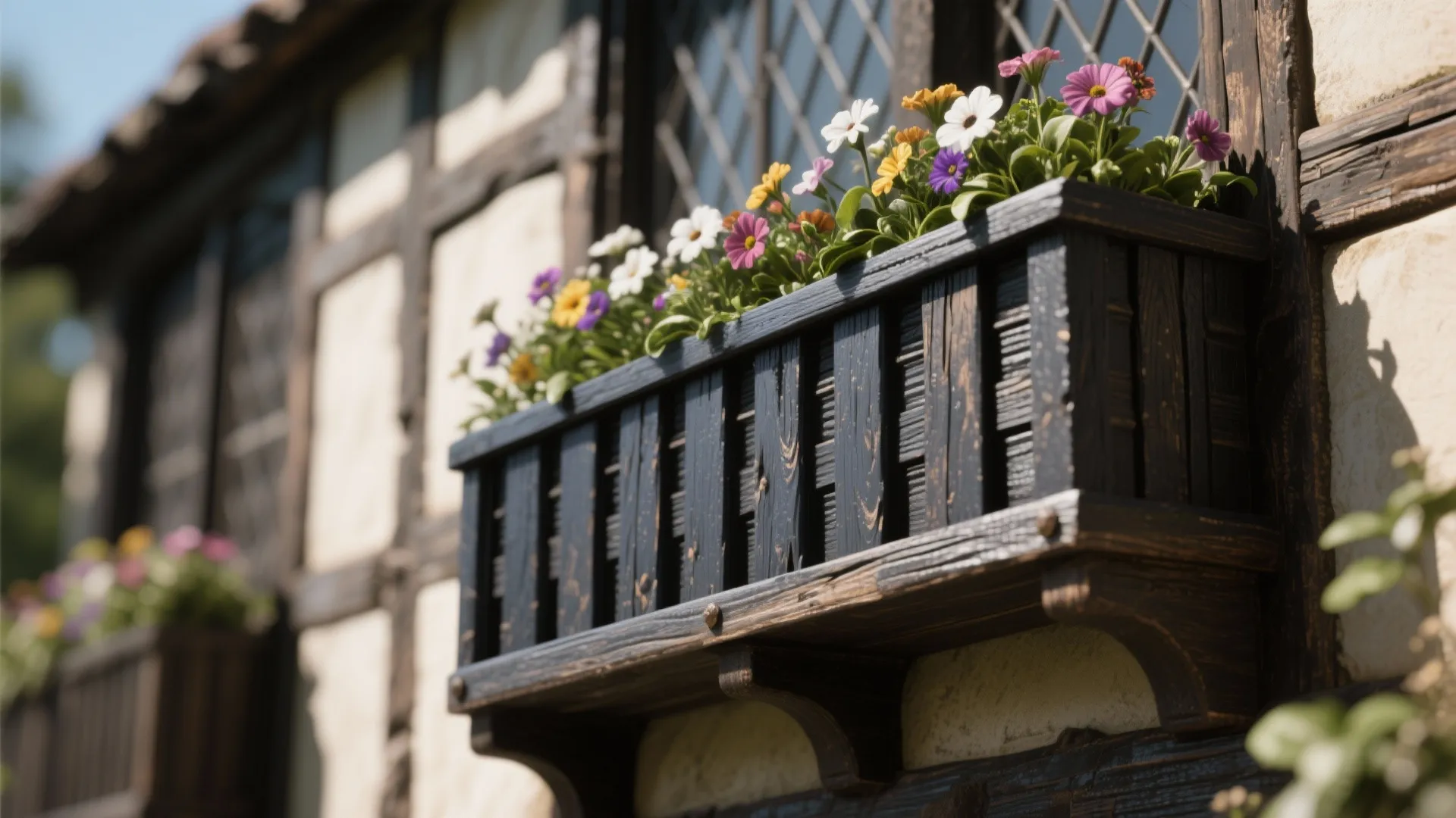 Dark wooden window box filled with purple white and yellow flowers on a timber wall