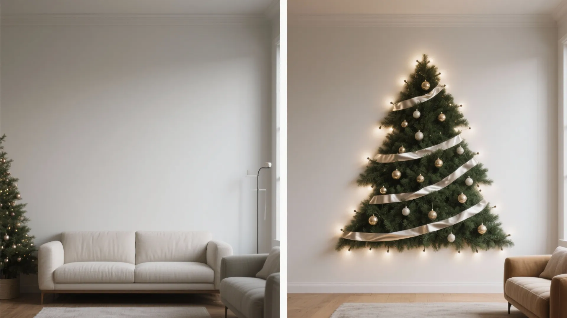 Before and after comparison showing a plain white wall versus a wall mounted Christmas tree