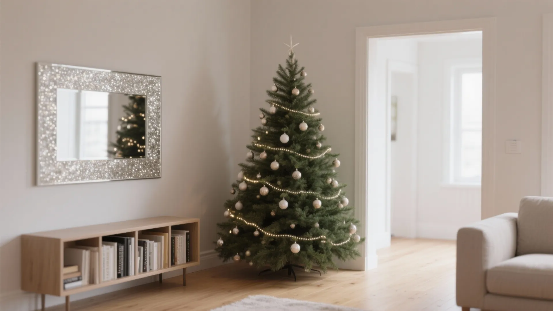 Decorated Christmas tree standing in a living room corner next to a wooden storage cabinet