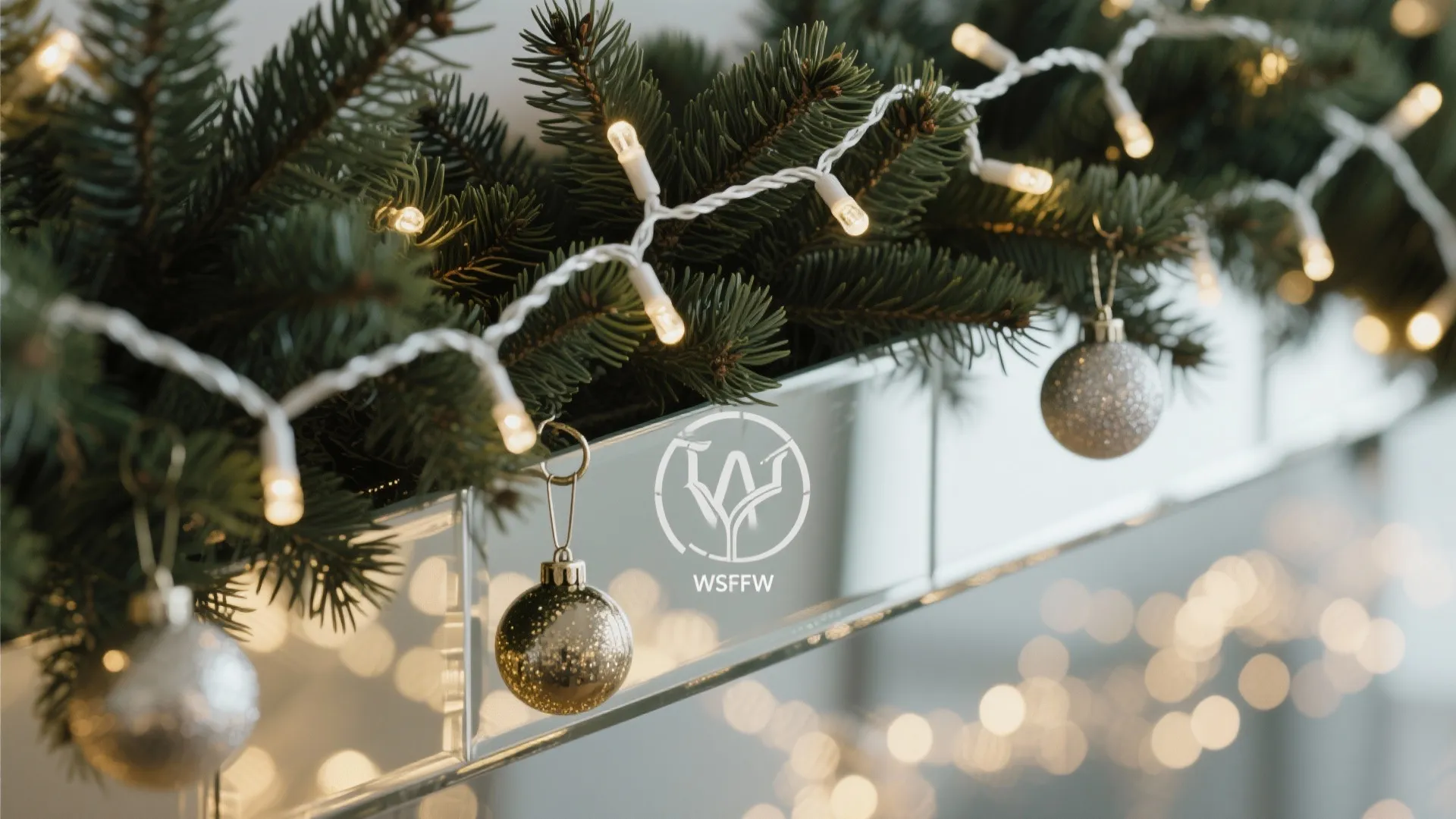 Close up of green pine branches decorated with glowing white string lights and silver hanging balls