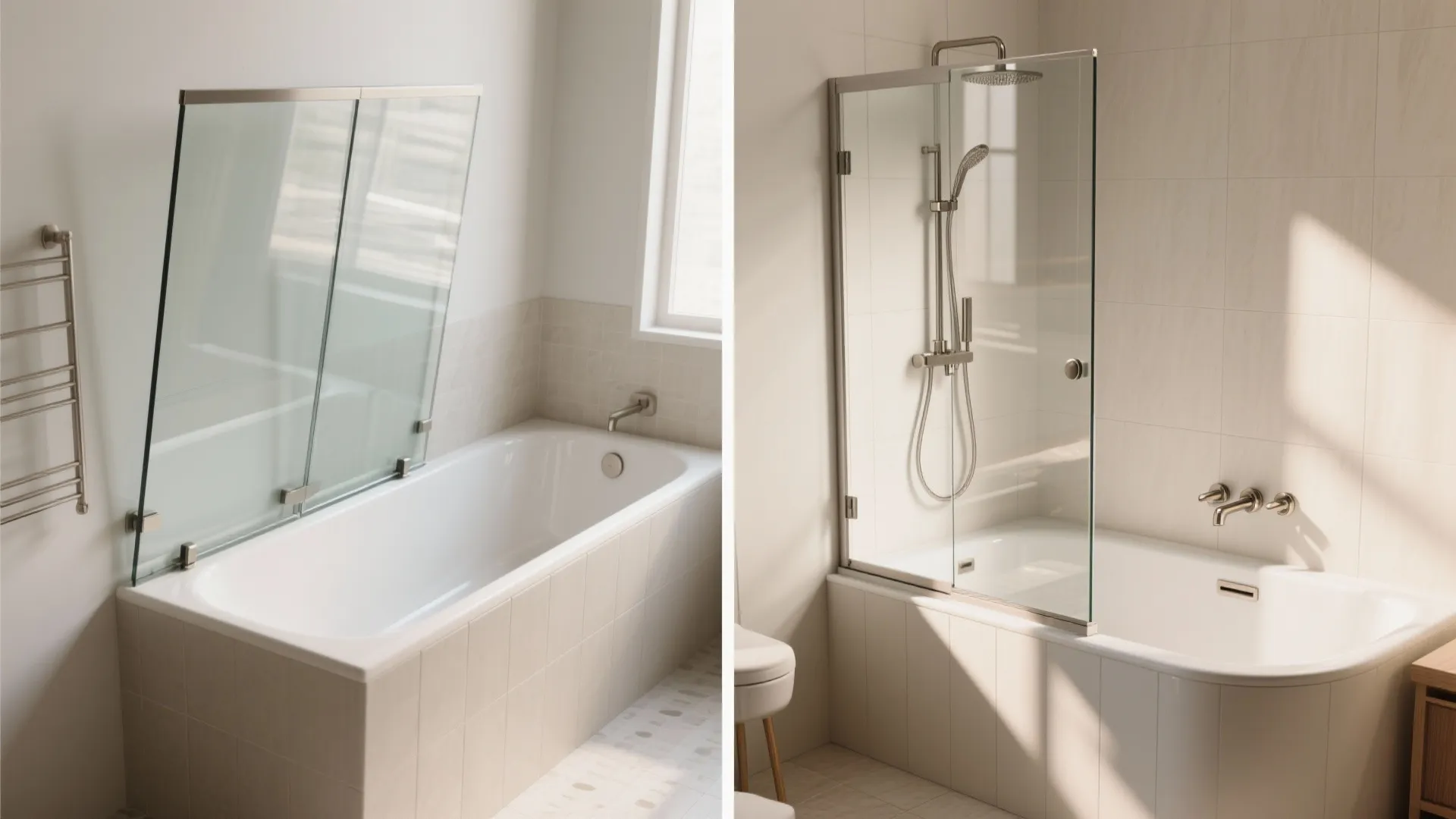 Side by side comparison of a foldable glass shower screen and a fixed glass screen bathtub