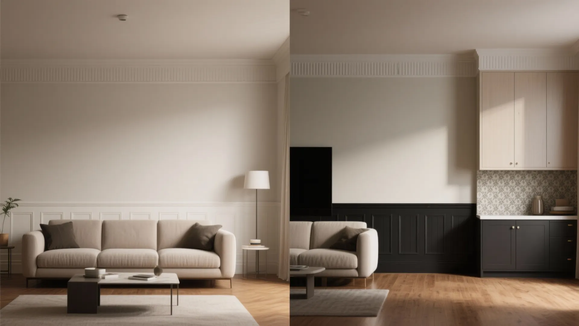 Before and after comparison of white wall panel versus black wall panel in living room