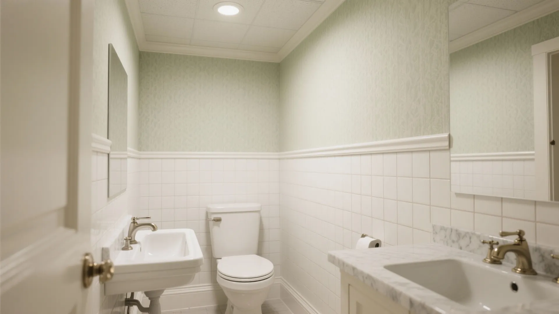 Half-height ceramic wainscoting capped with bullnose and vinyl wallpaper above in a petite bath.