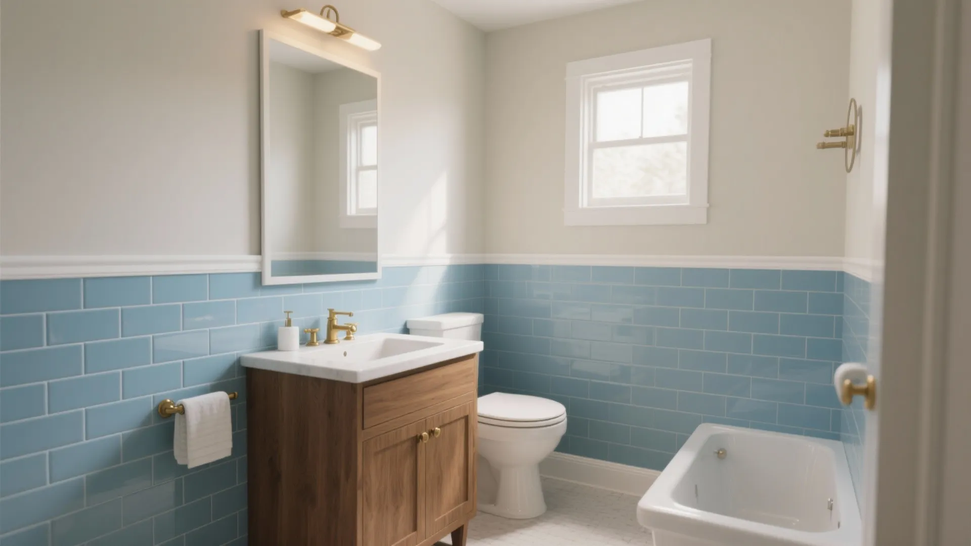 Small bathroom with blue subway tile wainscot and neutral paint above, wooden vanity and brass hardware