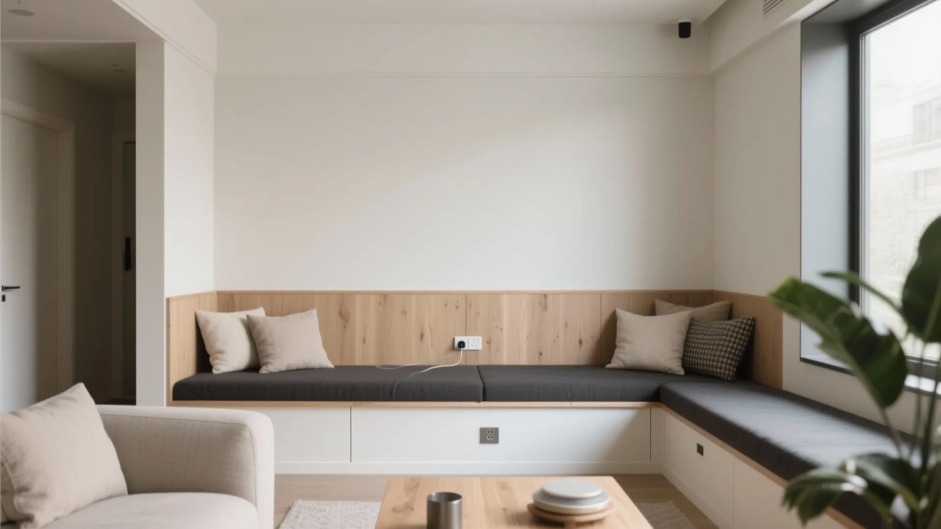 Built in corner seating with grey cushions wooden wall panel and white storage drawers in living room