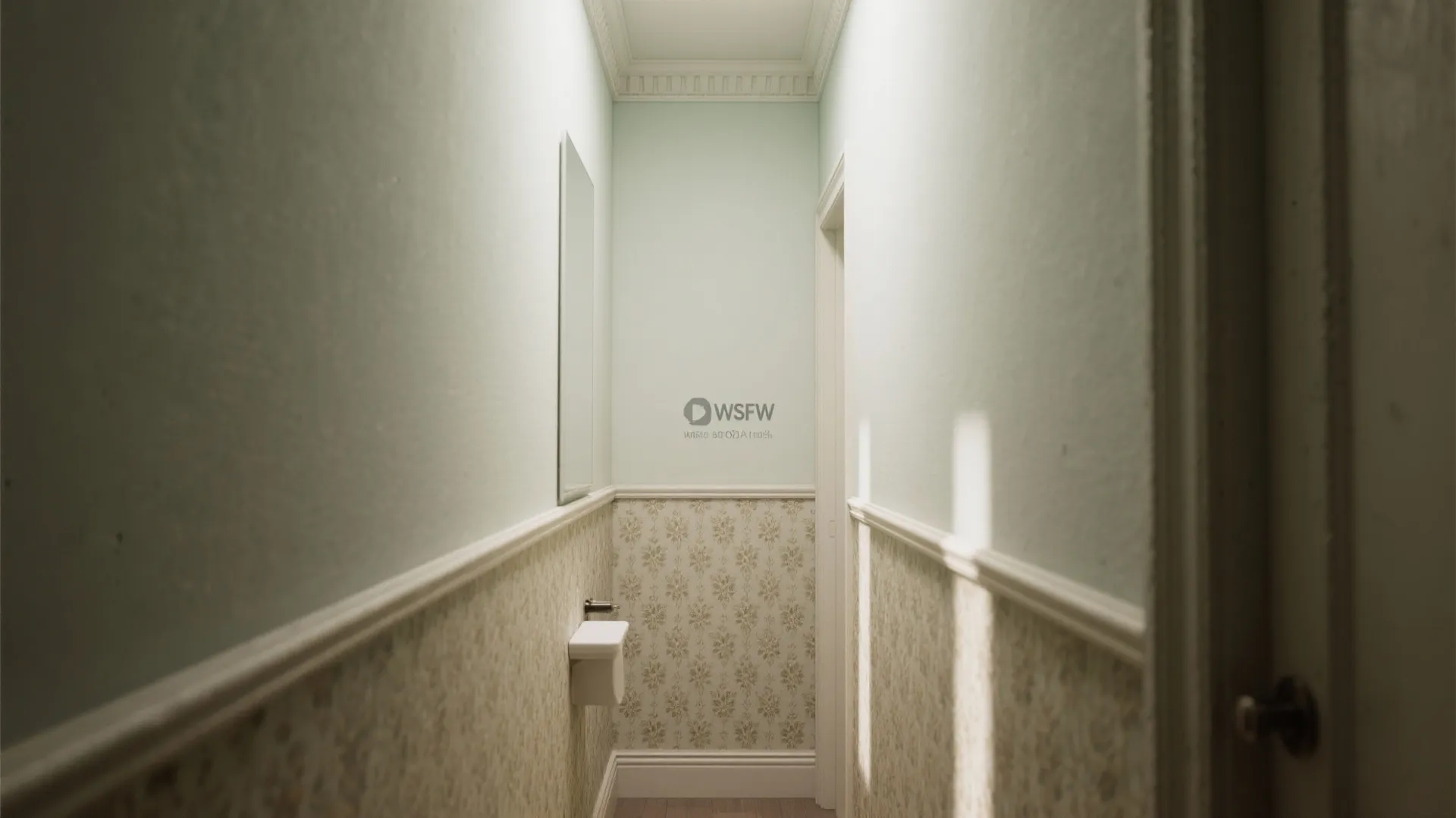 Small hallway with lower half wallpaper and light-painted upper wall with crisp chair rail trim.