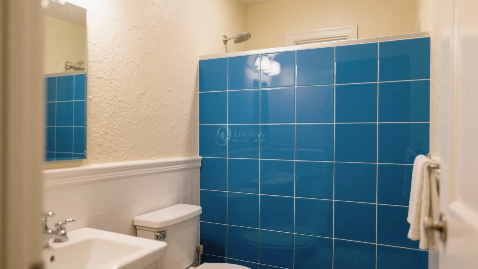 Half-wall sapphire-blue 4x10 tiles with cream paint above