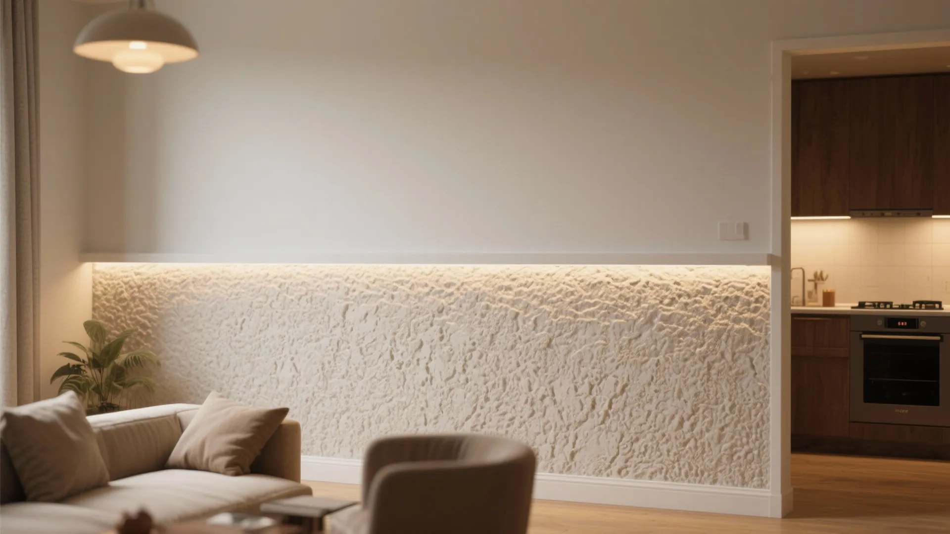 Modern living room featuring a textured white wall panel with warm light and grey sofa