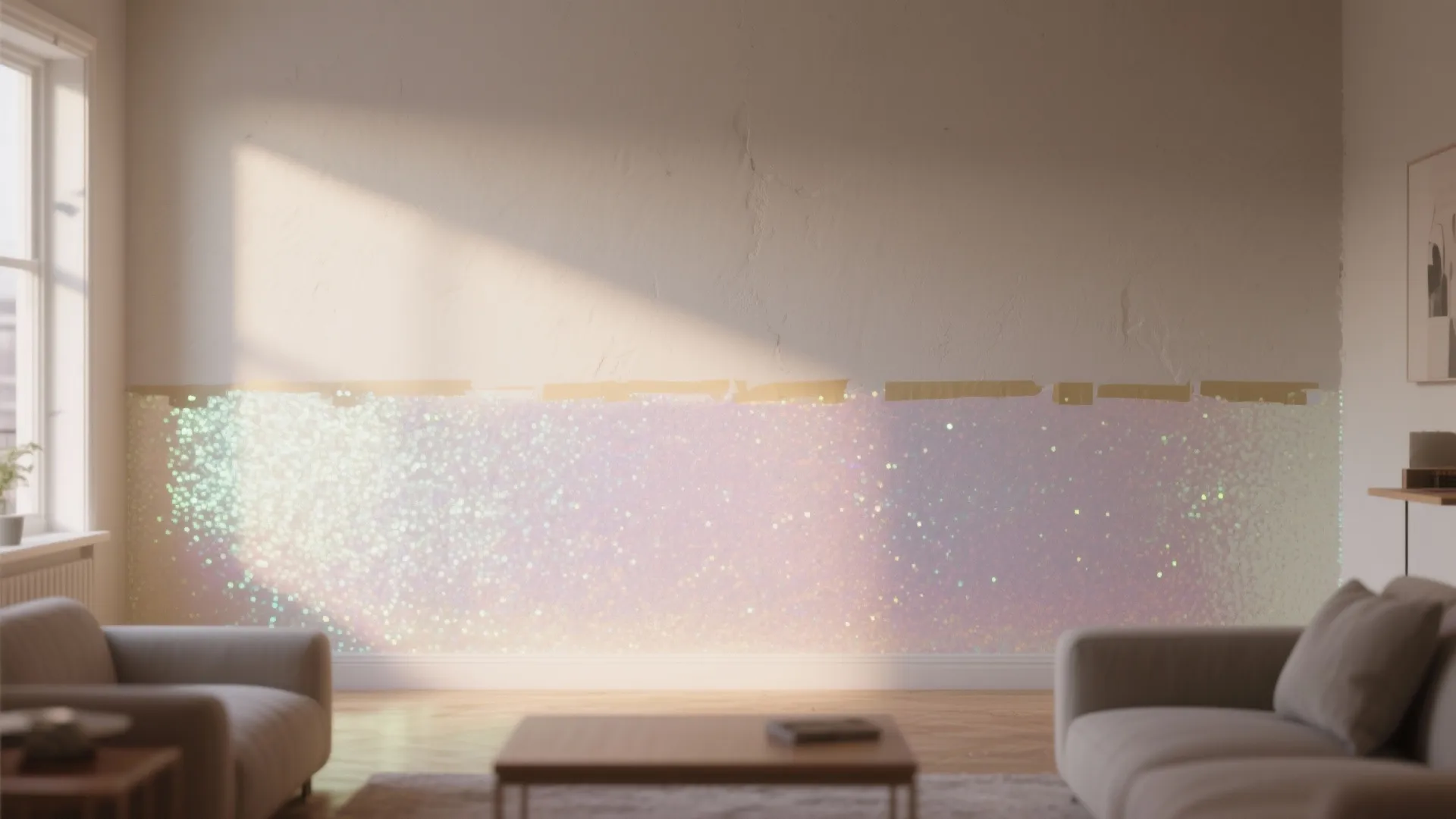 Half-wall lower section painted with iridescent glitter paint under soft daylight.