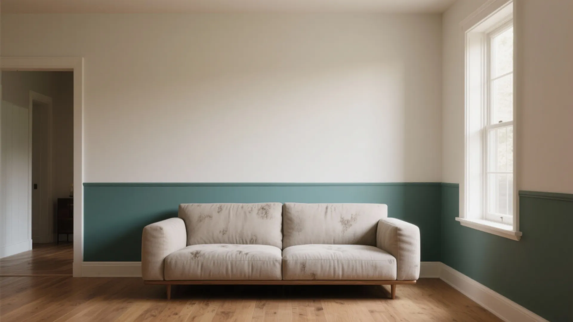 Living room with white and teal wall panel beige sofa wooden floor and a bright window