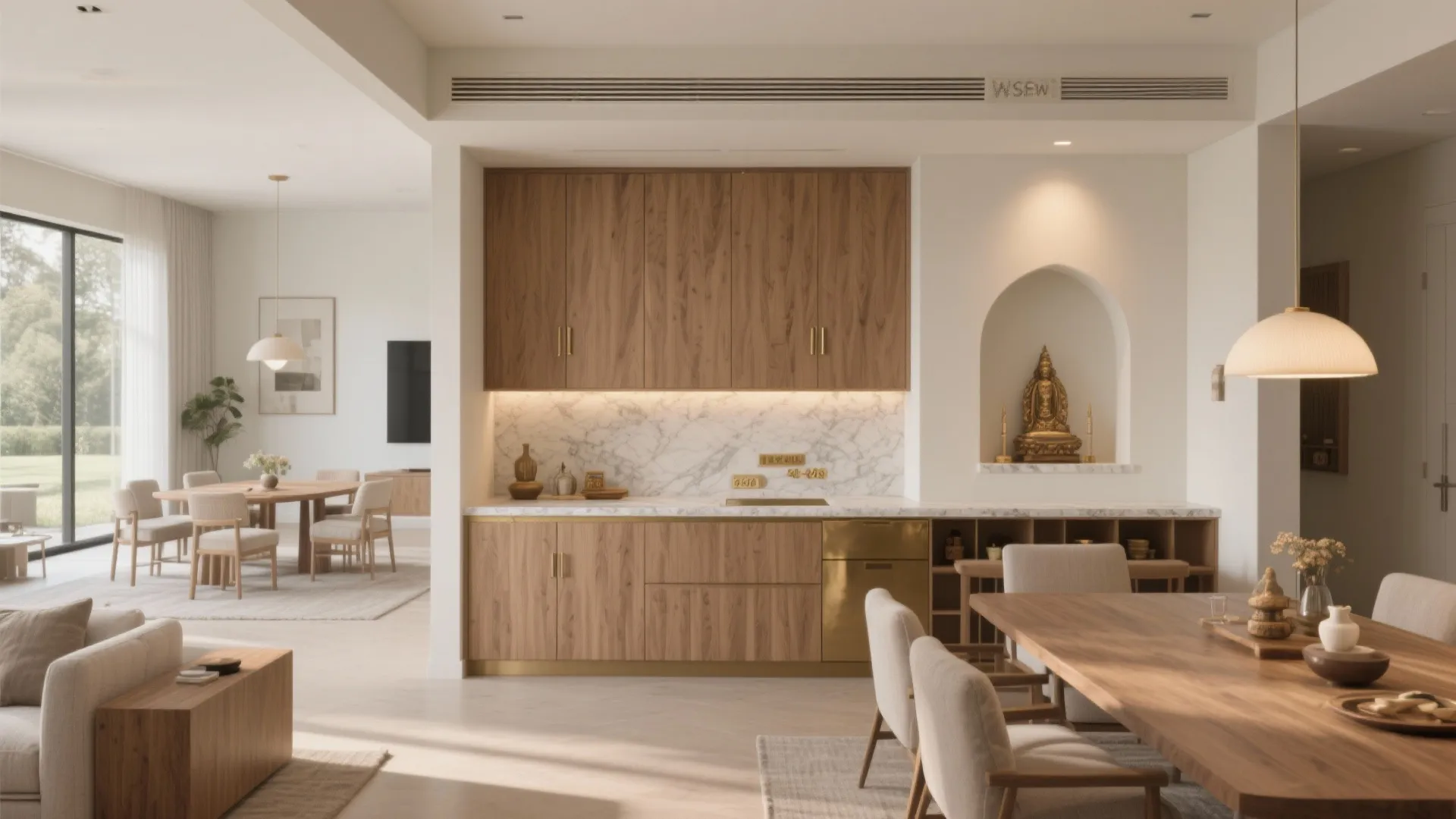 Half-height storage partition with recessed altar niche divides living and dining while keeping sightlines open.