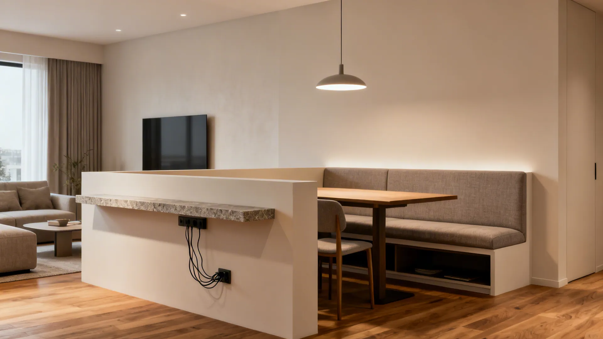 Half-height console wall with a built-in dining banquette defines zones while keeping sightlines open.