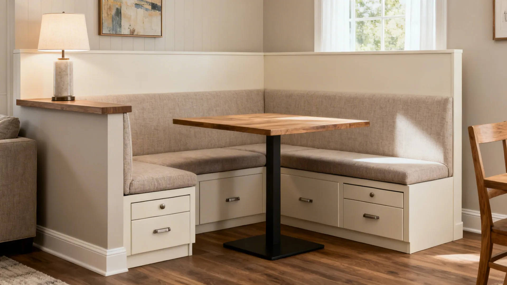 Half-height partition with banquette seating and storage divides dining from living with an open feel.