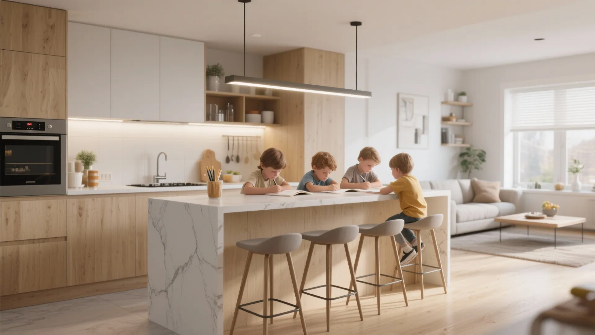 Four children sitting at a marble kitchen island with stools in a bright modern home
