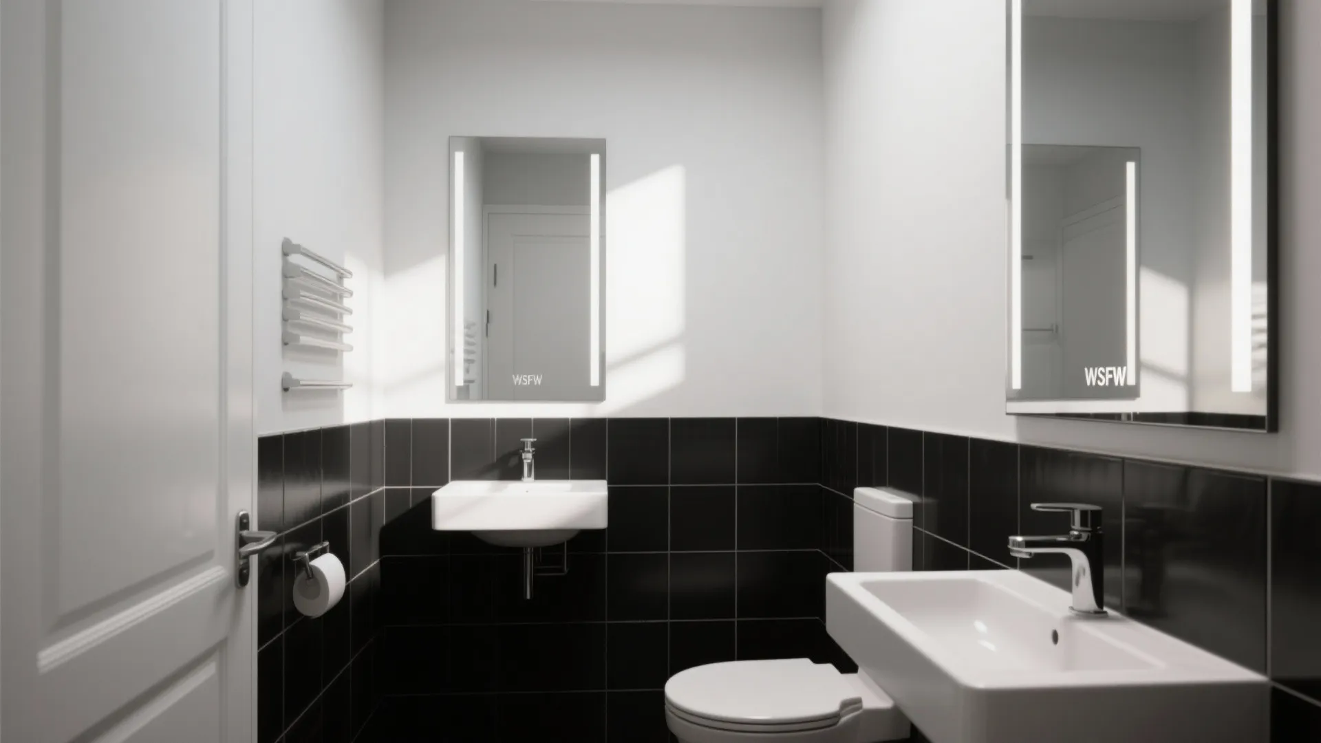 Small bathroom with black tile half-wall and vertical mirrors