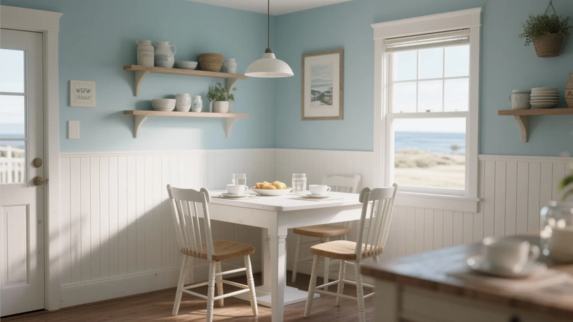 Coastal dining room with blue walls, white wall panel, wooden table, chairs, and ceiling light