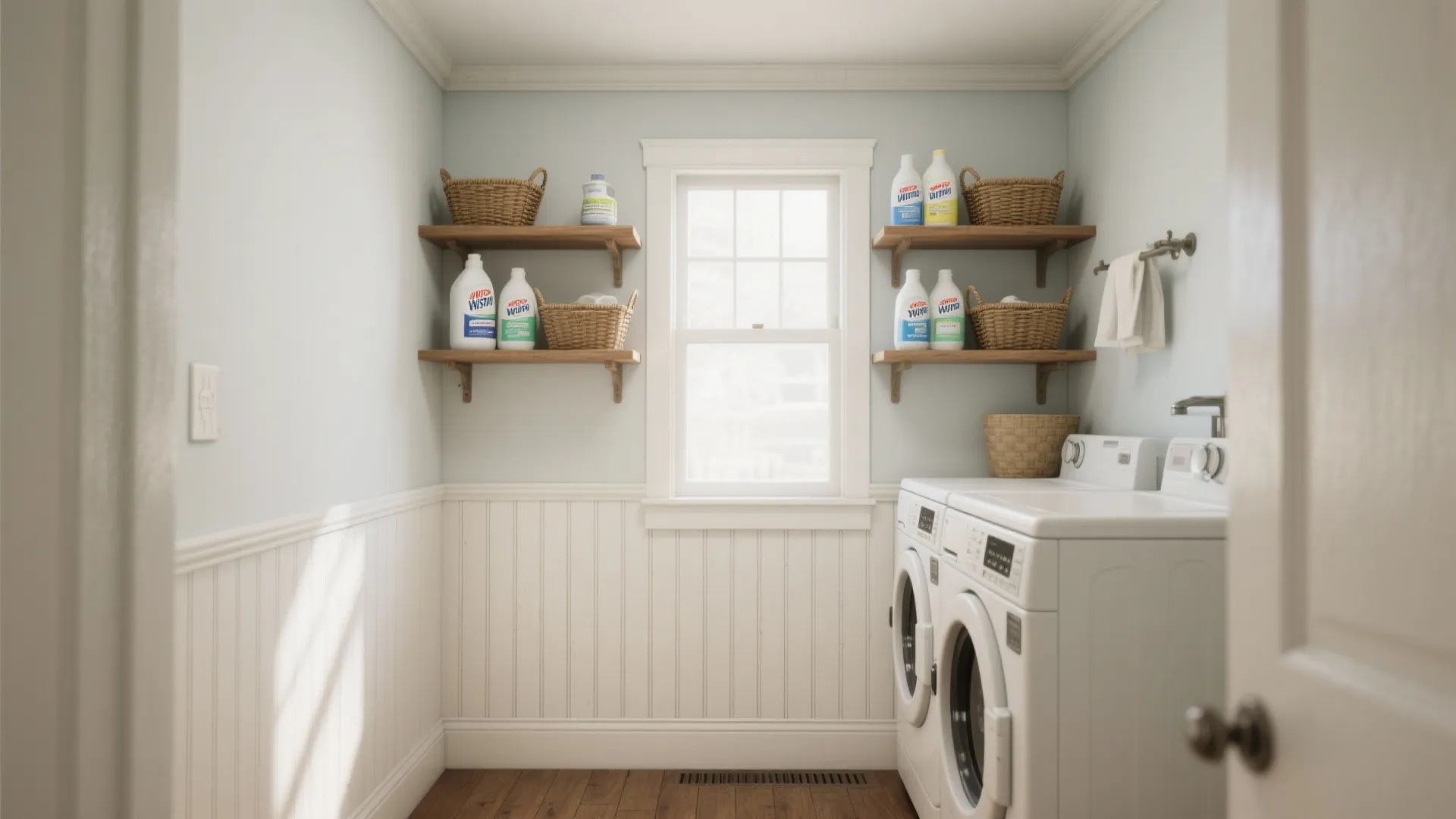 1. Classic Half-Wall Beadboard with Floating Shelves
