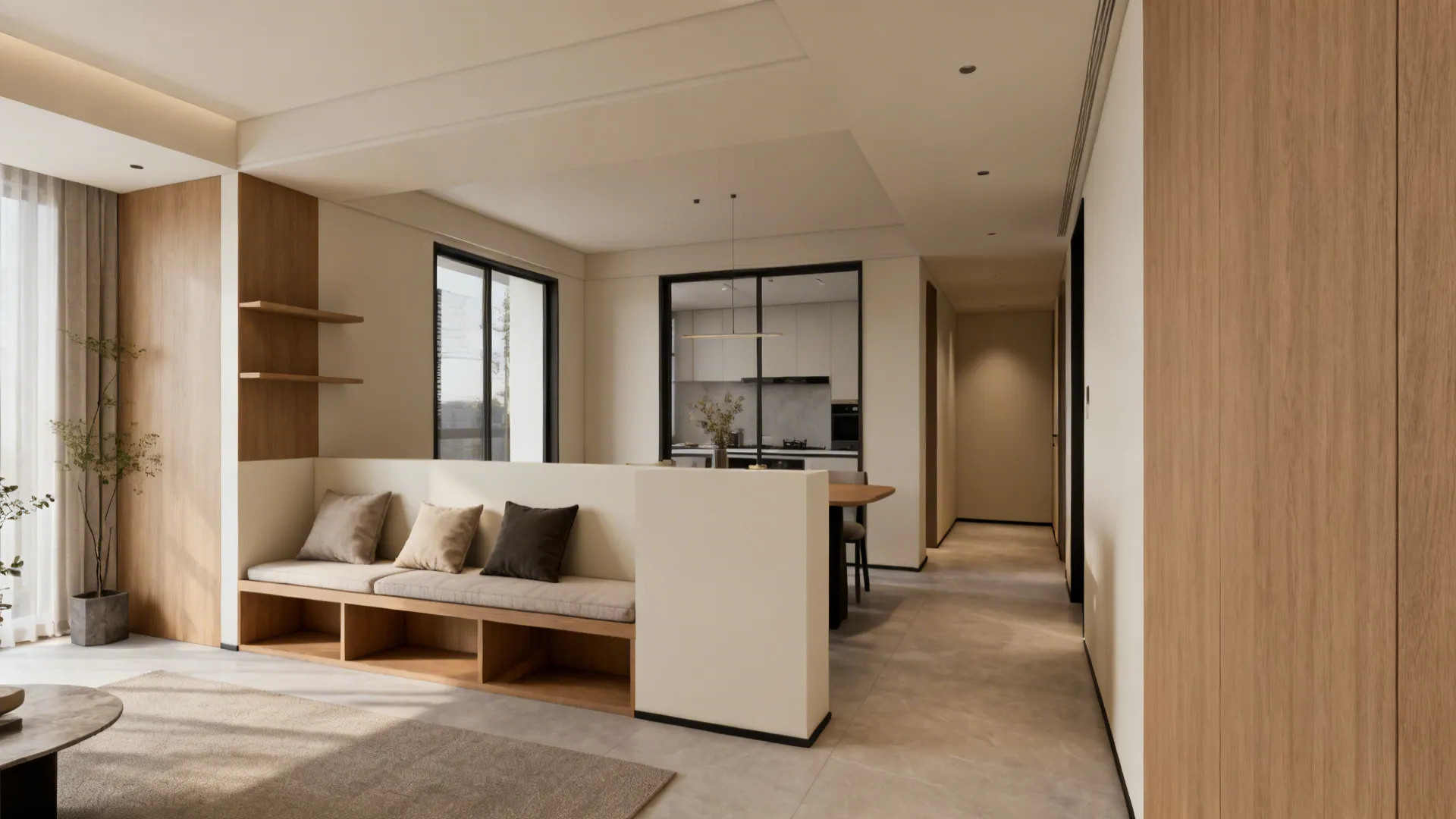 Short half-wall with built-in bench separating living and dining while allowing light