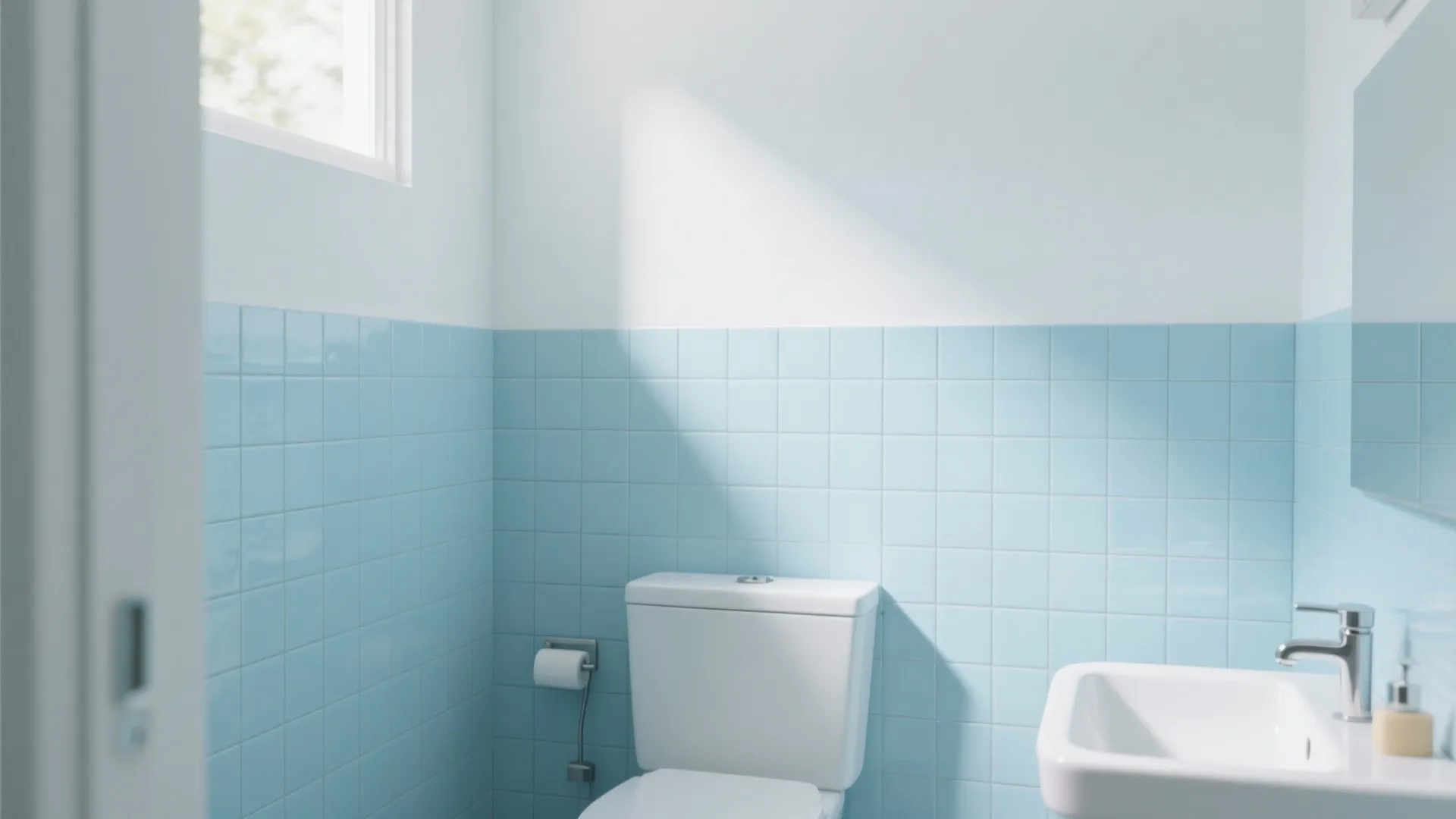 Minimalist bathroom with half blue tile wall white upper wall toilet sink and natural sunlight