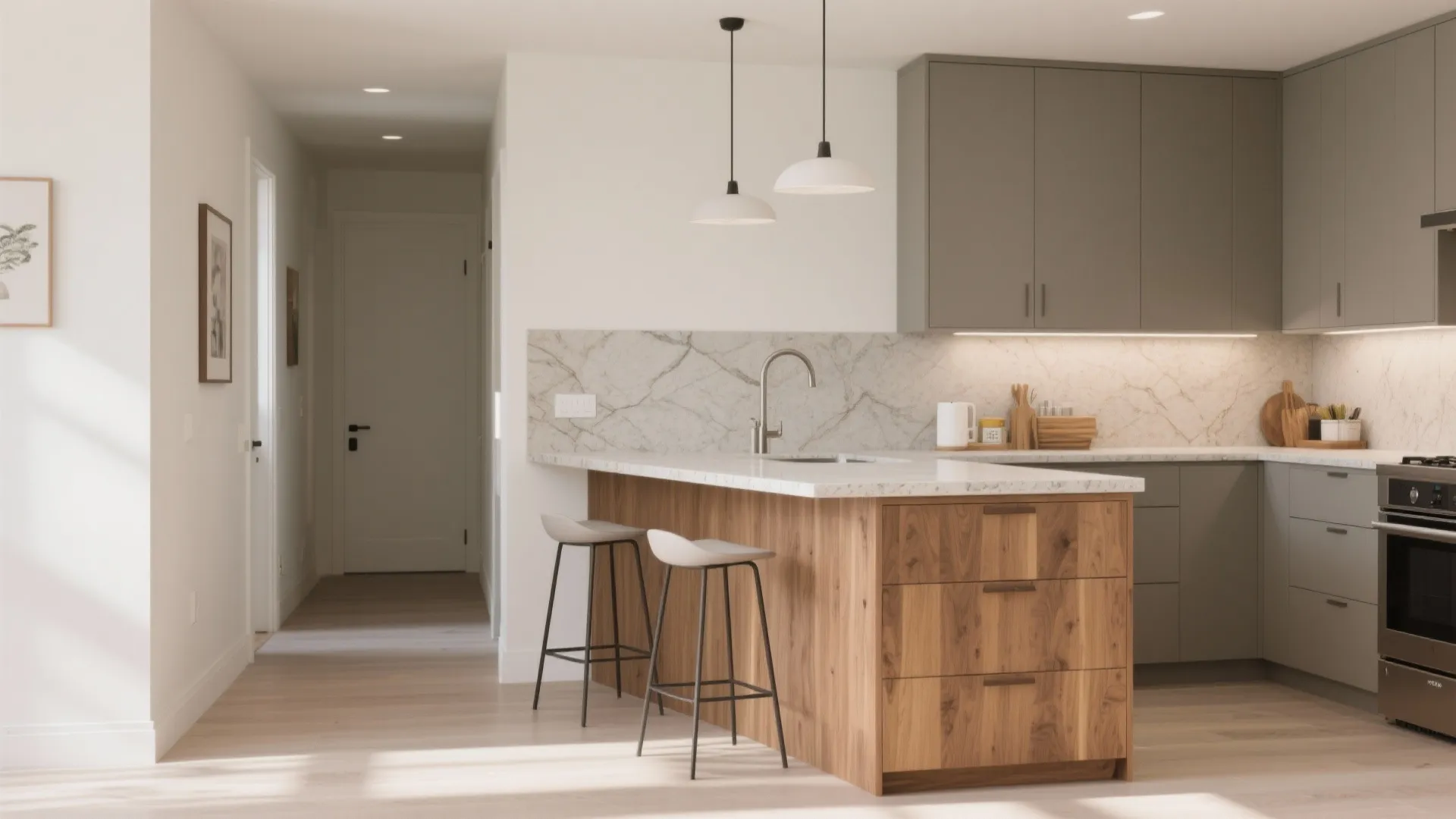 Kitchen island with wooden base and marble top featuring two chairs and white ceiling lights