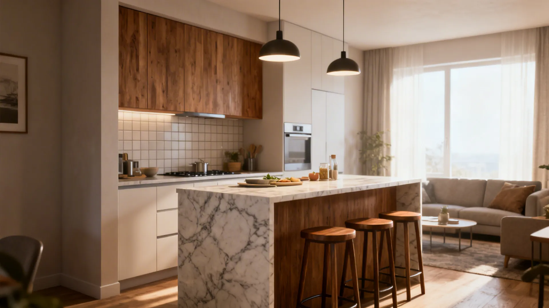 Compact kitchen with a half wall breakfast bar connecting to living space, stools and pendant lights